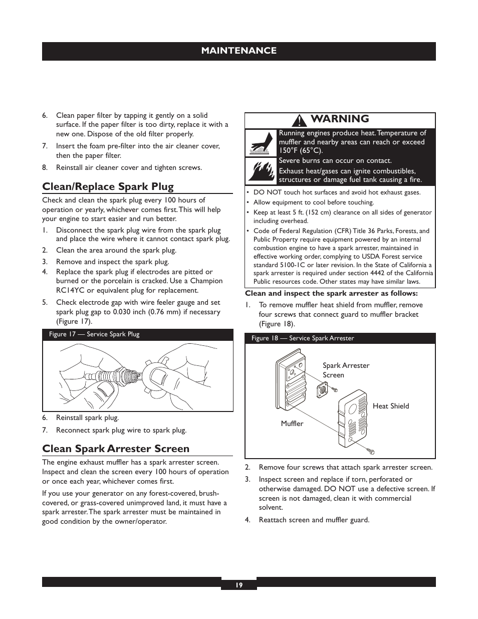 Clean/replace spark plug, Clean spark arrester screen, Warning | Briggs & Stratton 030254 User Manual | Page 19 / 84