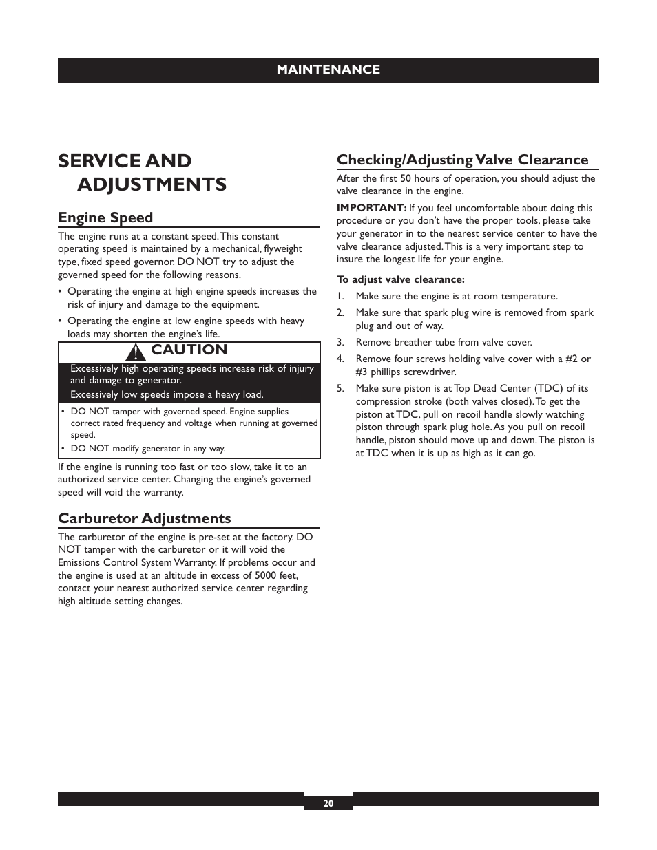 Service and adjustments, Engine speed, Carburetor adjustments | Checking/adjusting valve clearance, Caution | Briggs & Stratton 030254 User Manual | Page 20 / 84