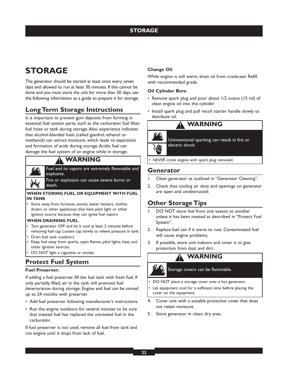 Storage, Long term storage instructions, Protect fuel system | Generator, Other storage tips, Warning | Briggs & Stratton 030254 User Manual | Page 22 / 84