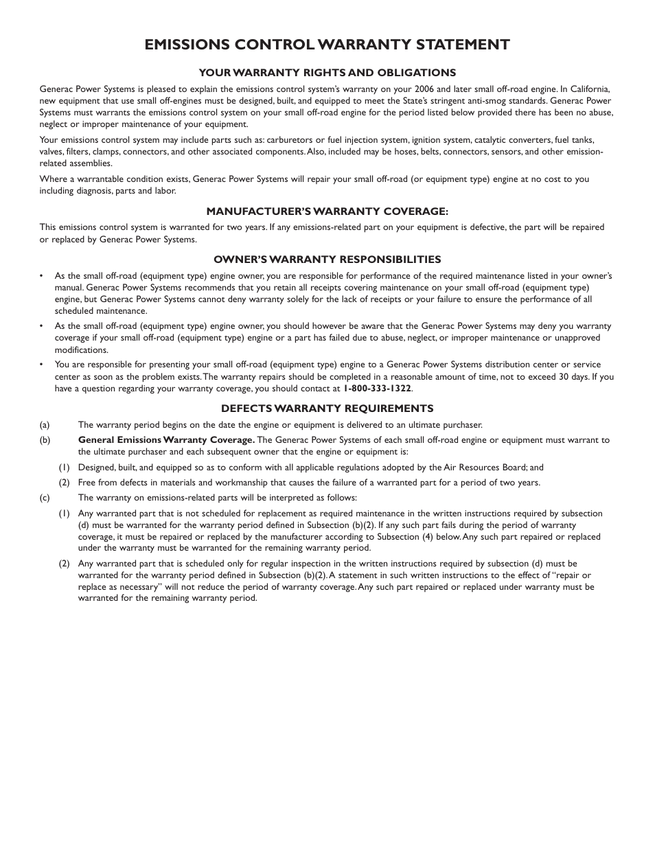 Emissions control warranty statement | Briggs & Stratton 030254 User Manual | Page 26 / 84