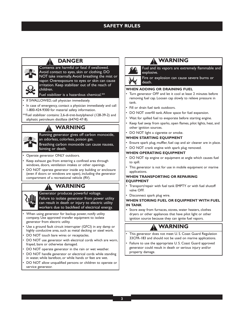 Warning, Danger | Briggs & Stratton 030254 User Manual | Page 3 / 84