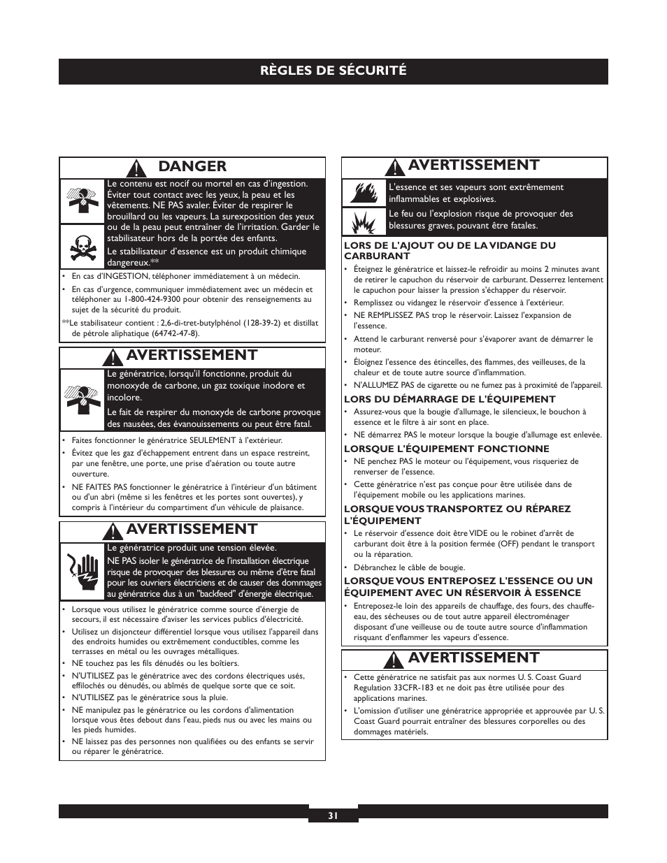 Avertissement, Danger, Règles de sécurité | Briggs & Stratton 030254 User Manual | Page 31 / 84