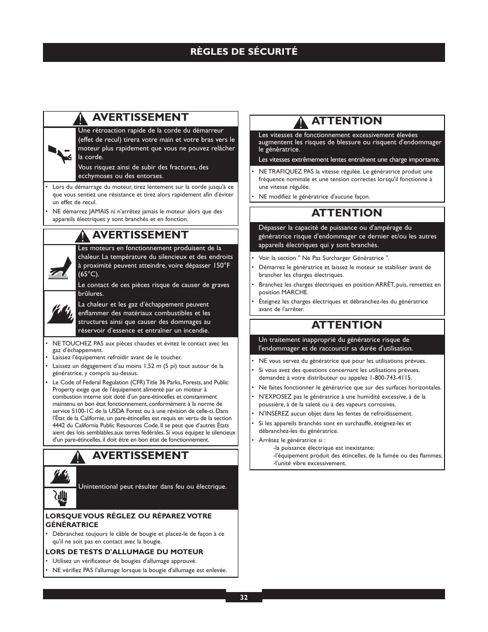 Attention, Avertissement, Règles de sécurité | Briggs & Stratton 030254 User Manual | Page 32 / 84