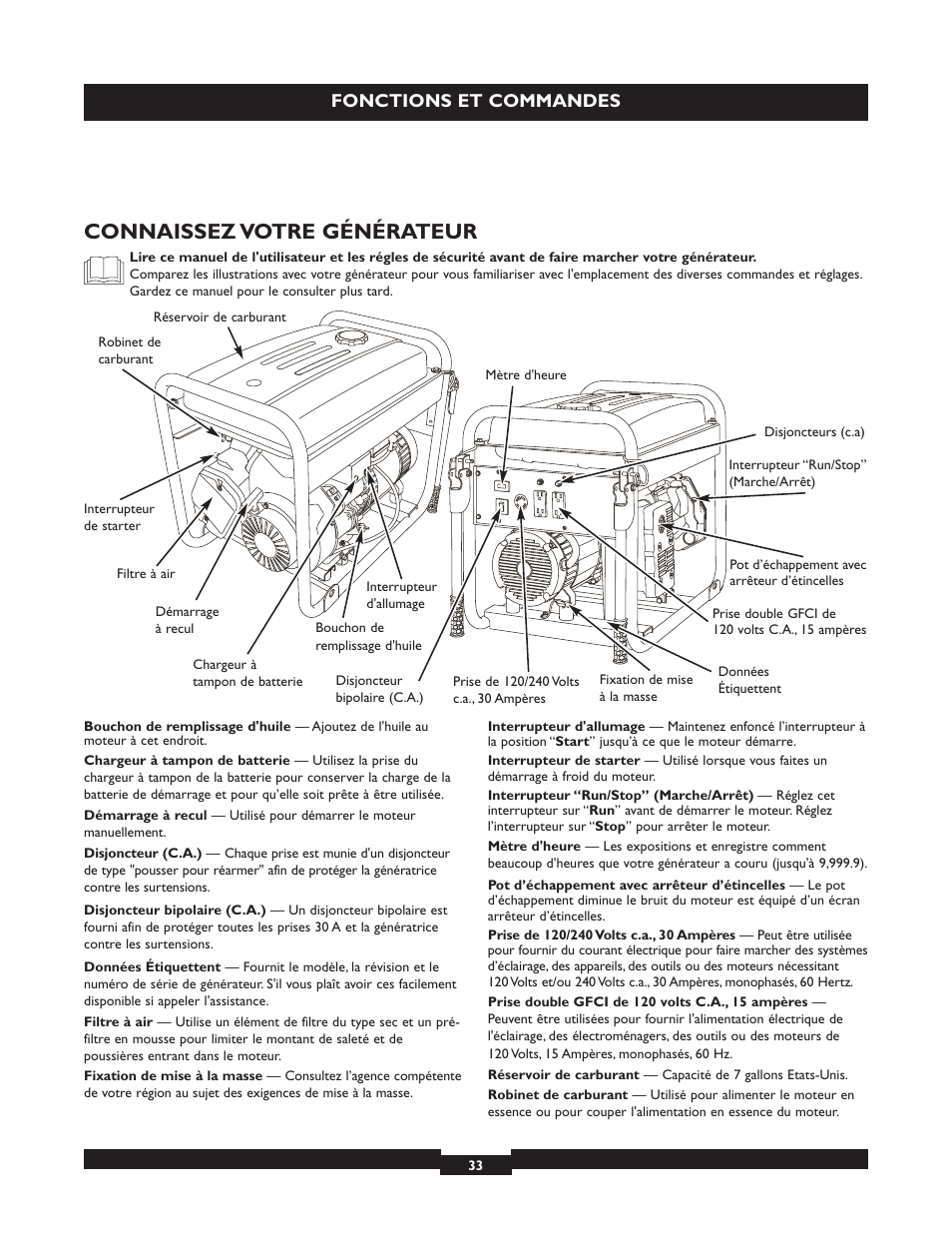 Connaissez votre générateur, Fonctions et commandes | Briggs & Stratton 030254 User Manual | Page 33 / 84