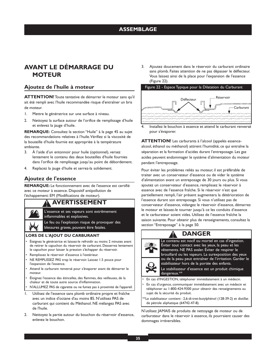 Avant le démarrage du moteur, Avertissement, Danger | Assemblage, Ajoutez de l'huile à moteur, Ajoutez de l'essence | Briggs & Stratton 030254 User Manual | Page 35 / 84