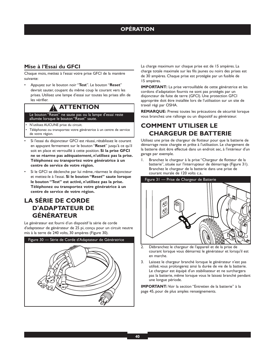 La série de corde d'adaptateur de générateur, Comment utiliser le chargeur de batterie, Attention | Briggs & Stratton 030254 User Manual | Page 40 / 84