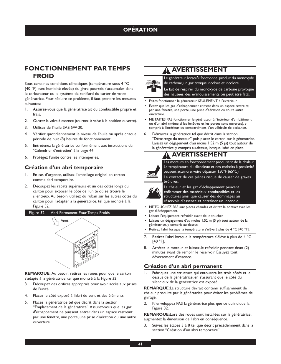 Fonctionnement par temps froid, Avertissement, Opération | Création d’un abri temporaire, Création d’un abri permanent | Briggs & Stratton 030254 User Manual | Page 41 / 84