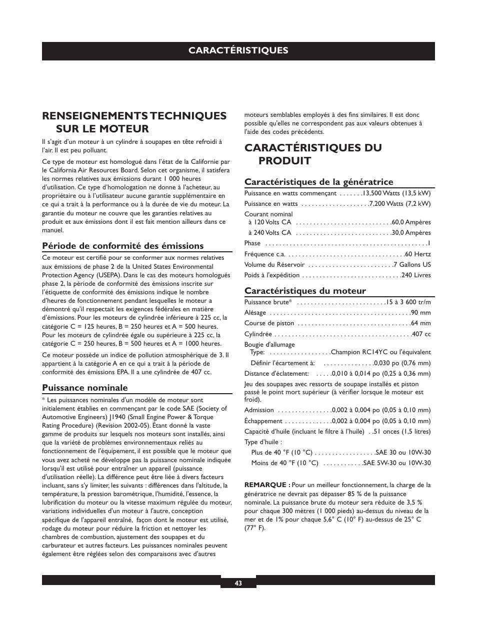 Renseignements techniques sur le moteur, Caractéristiques du produit | Briggs & Stratton 030254 User Manual | Page 43 / 84