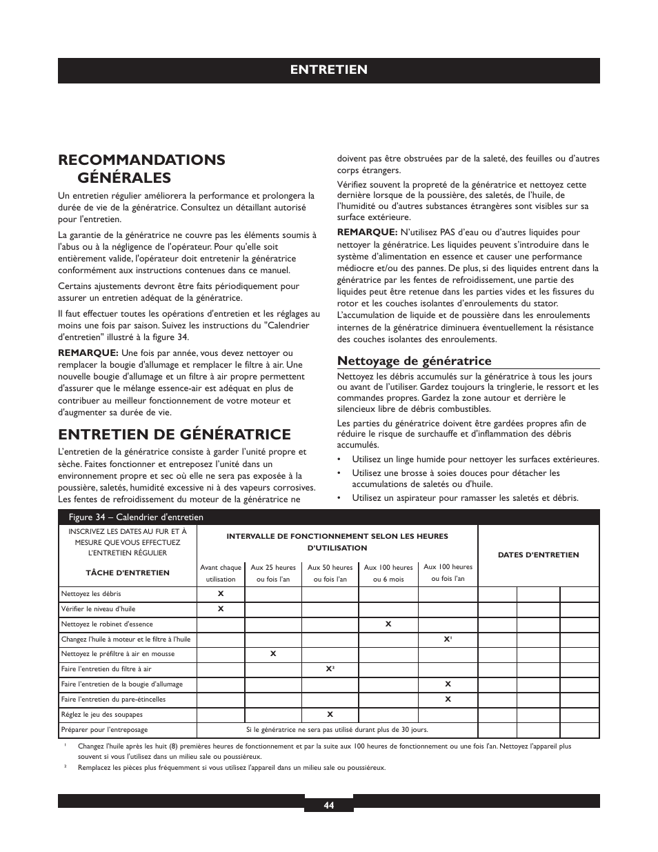 Recommandations générales, Entretien de génératrice, Entretien | Nettoyage de génératrice | Briggs & Stratton 030254 User Manual | Page 44 / 84