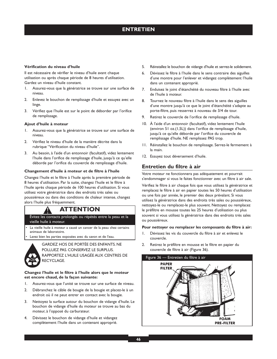 Attention, Entretien, Entretien du filtre à air | Briggs & Stratton 030254 User Manual | Page 46 / 84