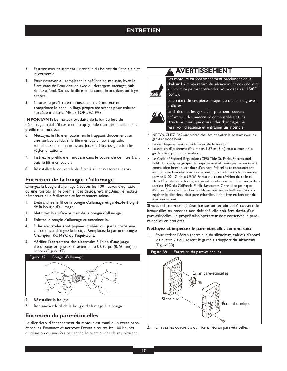 Avertissement, Entretien, Entretien de la bougie d'allumage | Entretien du pare-étincelles | Briggs & Stratton 030254 User Manual | Page 47 / 84