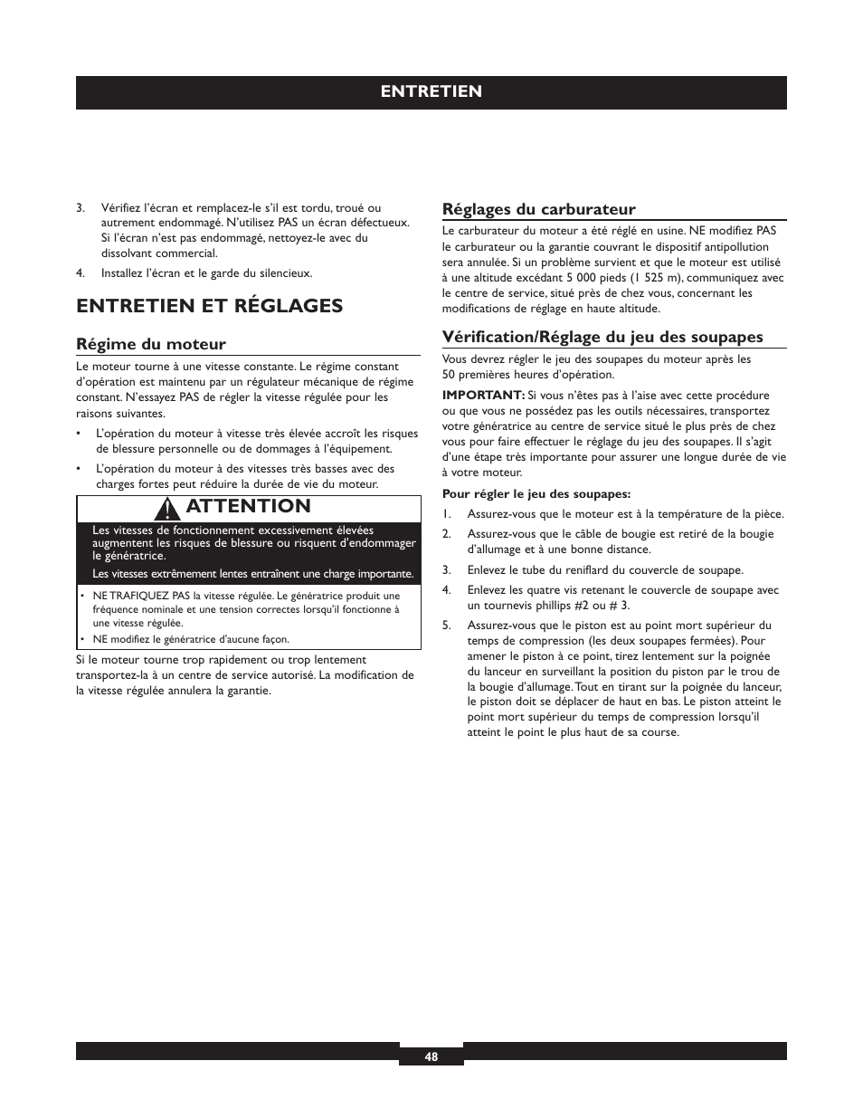 Entretien et réglages, Attention | Briggs & Stratton 030254 User Manual | Page 48 / 84