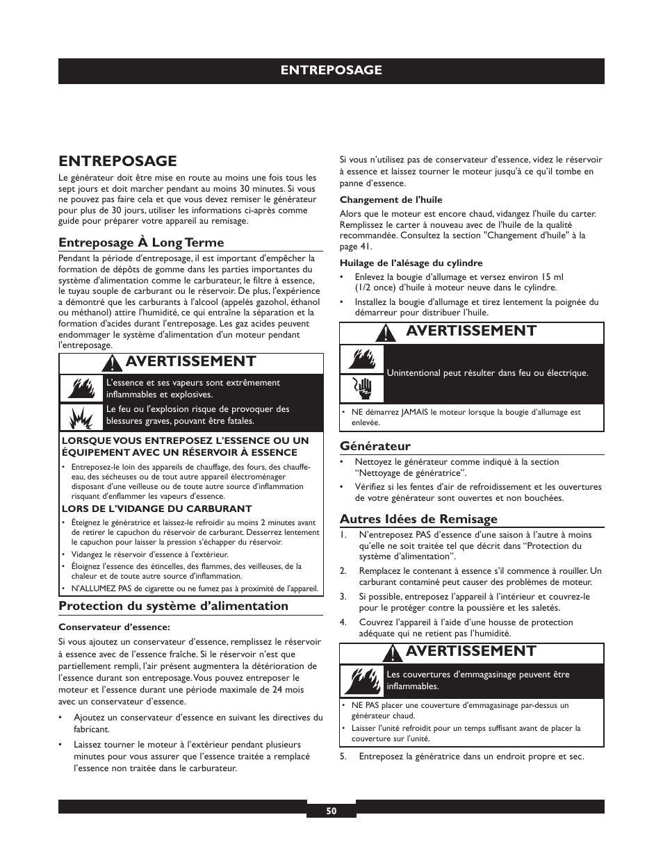 Avertissement, Entreposage, Entreposage à long terme | Protection du système d’alimentation, Générateur, Autres idées de remisage | Briggs & Stratton 030254 User Manual | Page 50 / 84