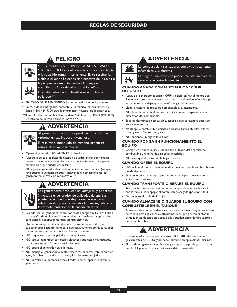 Advertencia, Peligro, Reglas de seguridad | Briggs & Stratton 030254 User Manual | Page 59 / 84