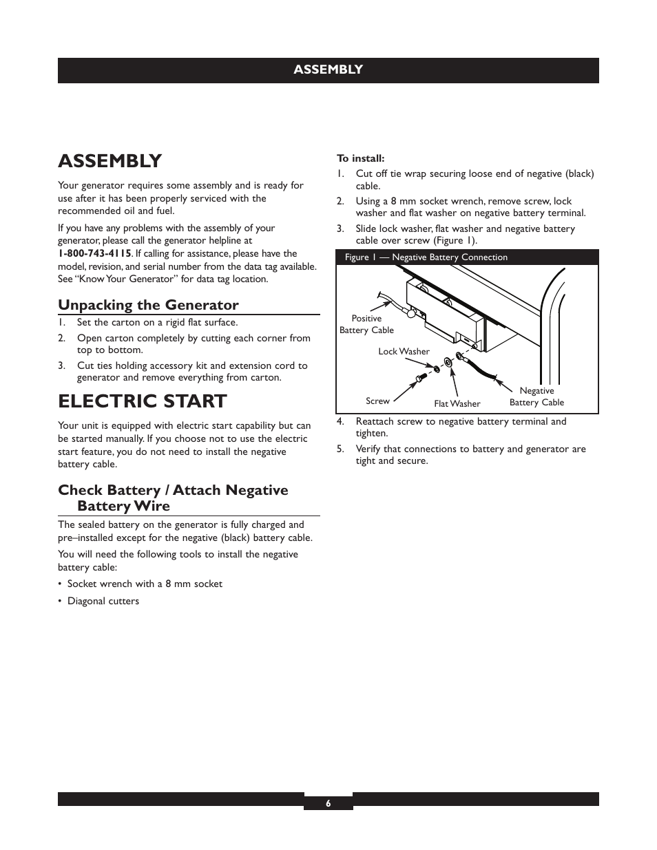 Assembly, Electric start, Unpacking the generator | Check battery / attach negative battery wire | Briggs & Stratton 030254 User Manual | Page 6 / 84