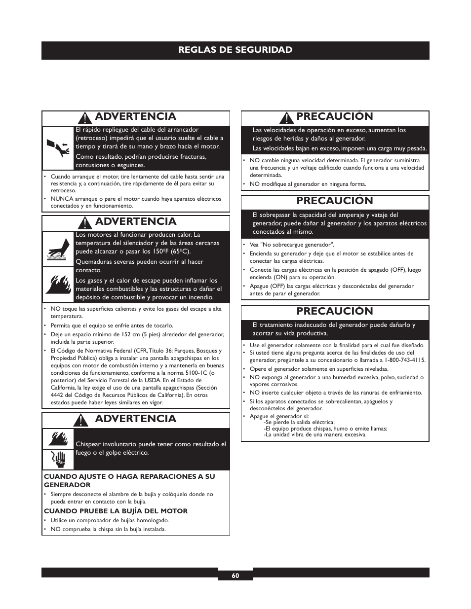 Precaución, Advertencia, Reglas de seguridad | Briggs & Stratton 030254 User Manual | Page 60 / 84