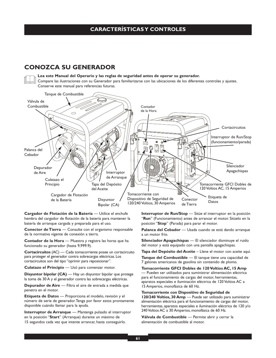 Conozca su generador, Características y controles | Briggs & Stratton 030254 User Manual | Page 61 / 84