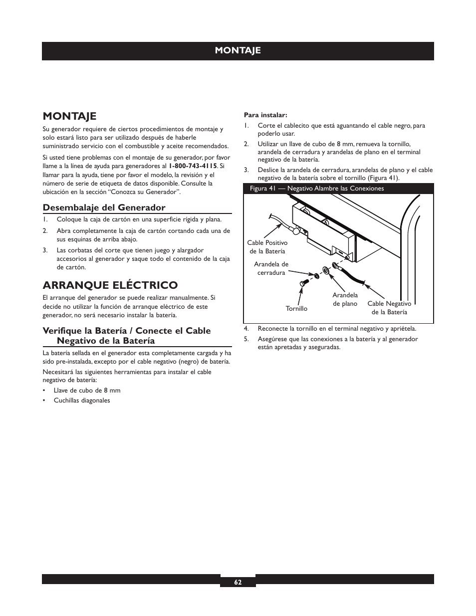 Montaje, Arranque eléctrico | Briggs & Stratton 030254 User Manual | Page 62 / 84