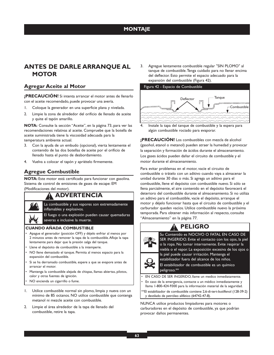 Antes de darle arranque al motor, Advertencia, Peligro | Agregar aceite al motor, Agregue combustible, Montaje | Briggs & Stratton 030254 User Manual | Page 63 / 84