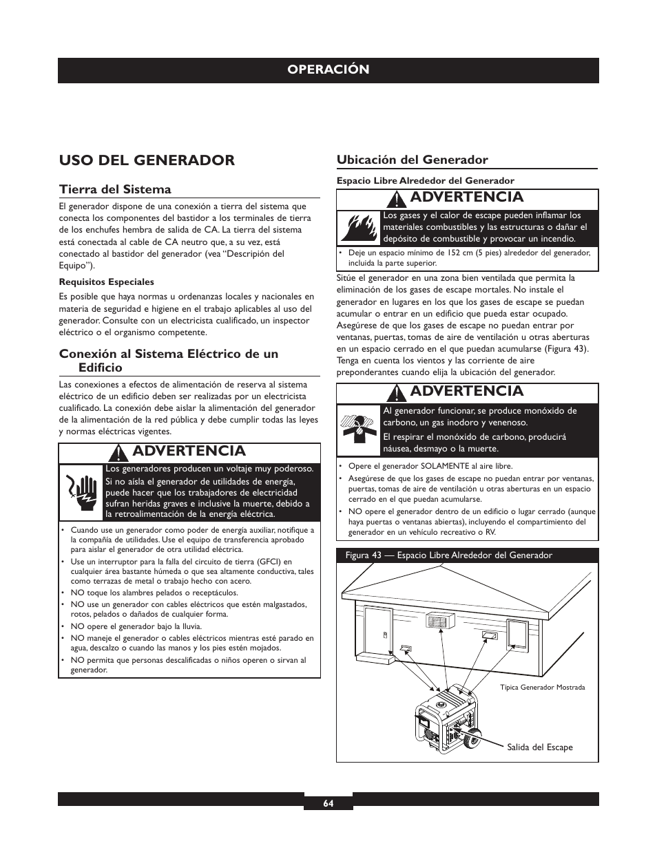 Uso del generador, Advertencia, Operación | Tierra del sistema, Conexión al sistema eléctrico de un edificio, Ubicación del generador | Briggs & Stratton 030254 User Manual | Page 64 / 84