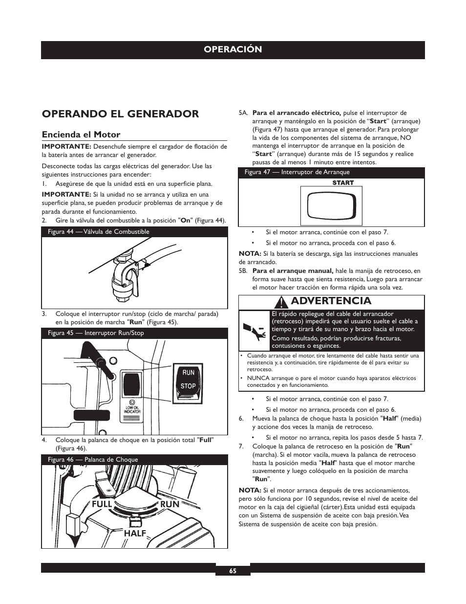 Operando el generador, Advertencia, Operación | Encienda el motor | Briggs & Stratton 030254 User Manual | Page 65 / 84