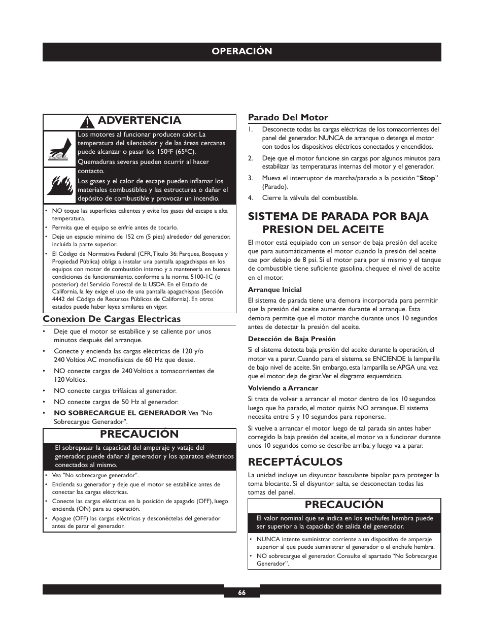 Sistema de parada por baja presion del aceite, Receptáculos, Precaución | Advertencia, Operación, Conexion de cargas electricas, Parado del motor | Briggs & Stratton 030254 User Manual | Page 66 / 84