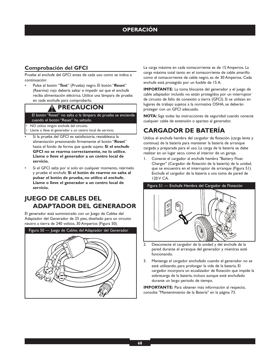 Juego de cables del adaptador del generador, Cargador de batería, Precaución | Briggs & Stratton 030254 User Manual | Page 68 / 84