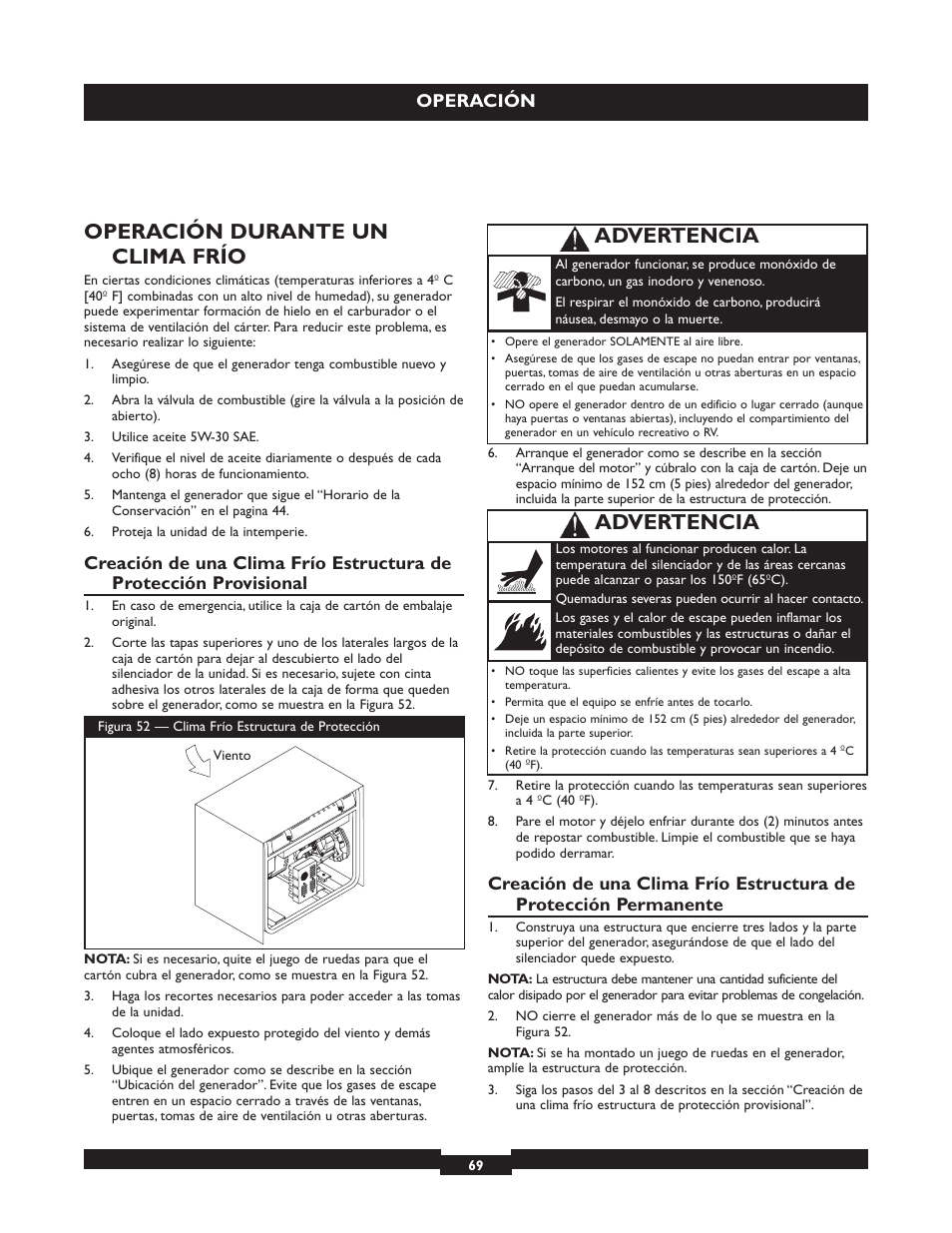 Operación durante un clima frío, Advertencia, Operación | Briggs & Stratton 030254 User Manual | Page 69 / 84