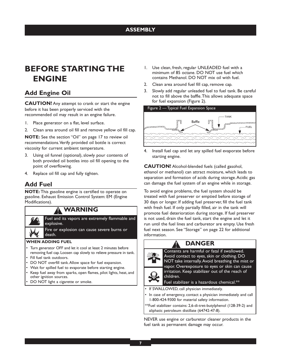 Before starting the engine, Add engine oil, Add fuel | Warning, Danger | Briggs & Stratton 030254 User Manual | Page 7 / 84