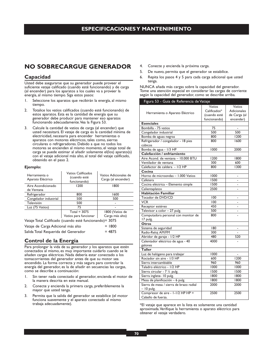 No sobrecargue generador, Especificaciones y mantenimiento, Capacidad | Control de la energía | Briggs & Stratton 030254 User Manual | Page 70 / 84