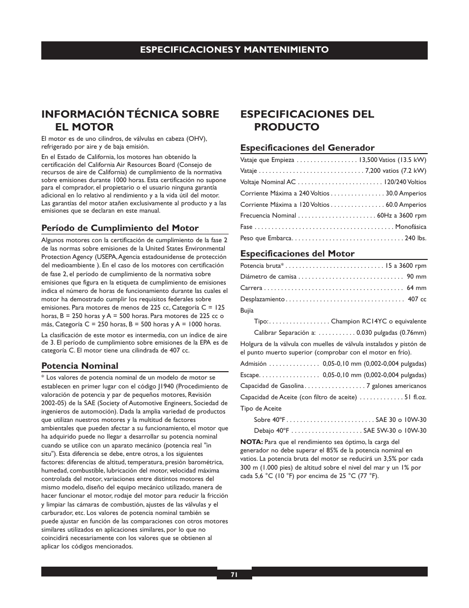 Información técnica sobre el motor, Especificaciones del producto | Briggs & Stratton 030254 User Manual | Page 71 / 84