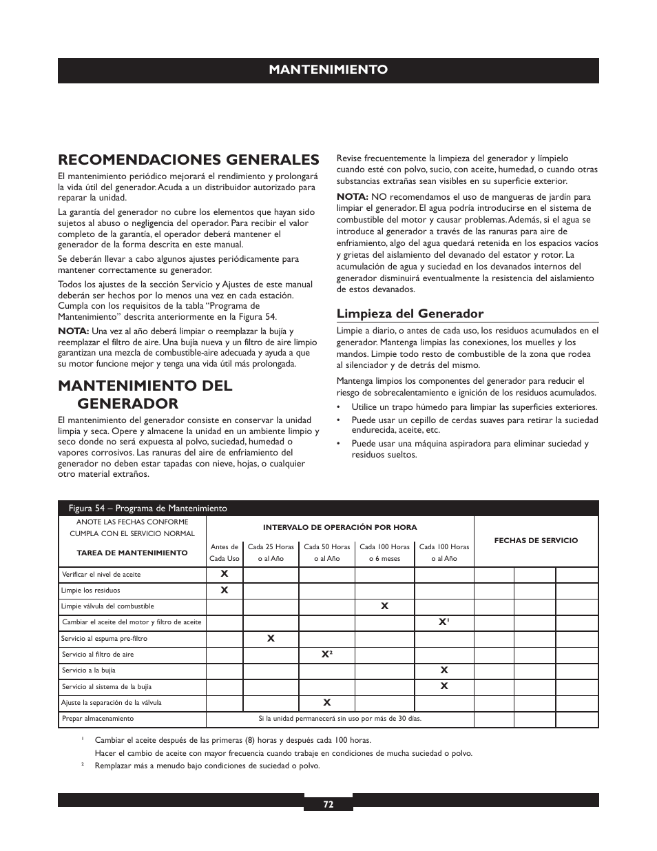 Recomendaciones generales, Mantenimiento del generador, Mantenimiento | Limpieza del generador | Briggs & Stratton 030254 User Manual | Page 72 / 84