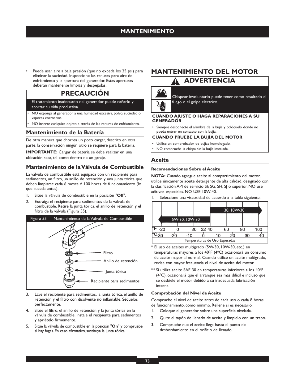 Mantenimiento del motor, Advertencia, Precaución | Mantenimiento, Mantenimiento de la batería, Mantenimiento de la válvula de combustible, Aceite | Briggs & Stratton 030254 User Manual | Page 73 / 84