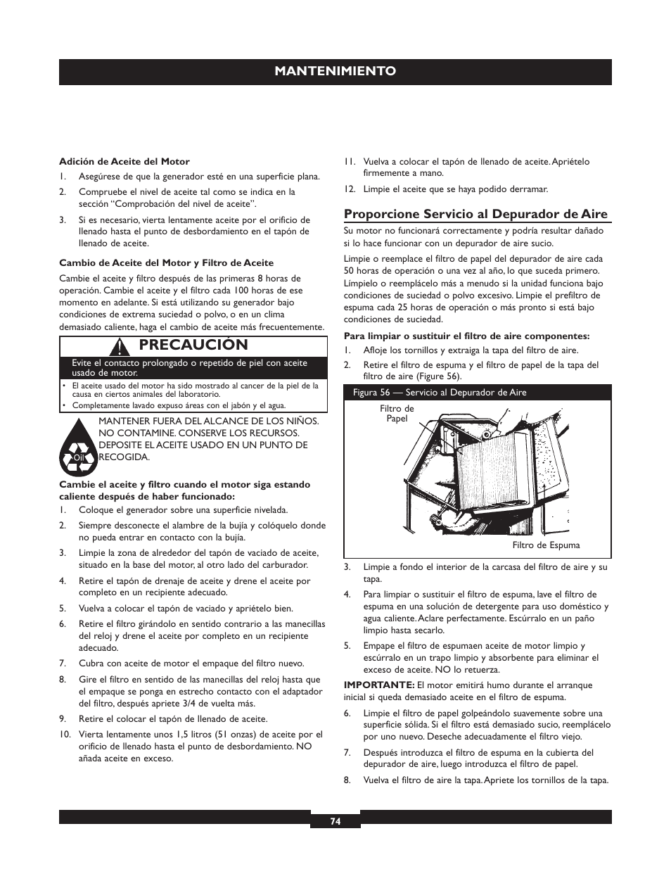 Precaución, Mantenimiento, Proporcione servicio al depurador de aire | Briggs & Stratton 030254 User Manual | Page 74 / 84