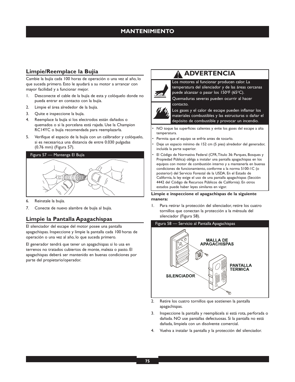 Advertencia, Mantenimiento, Limpie/reemplace la bujía | Limpie la pantalla apagachispas | Briggs & Stratton 030254 User Manual | Page 75 / 84