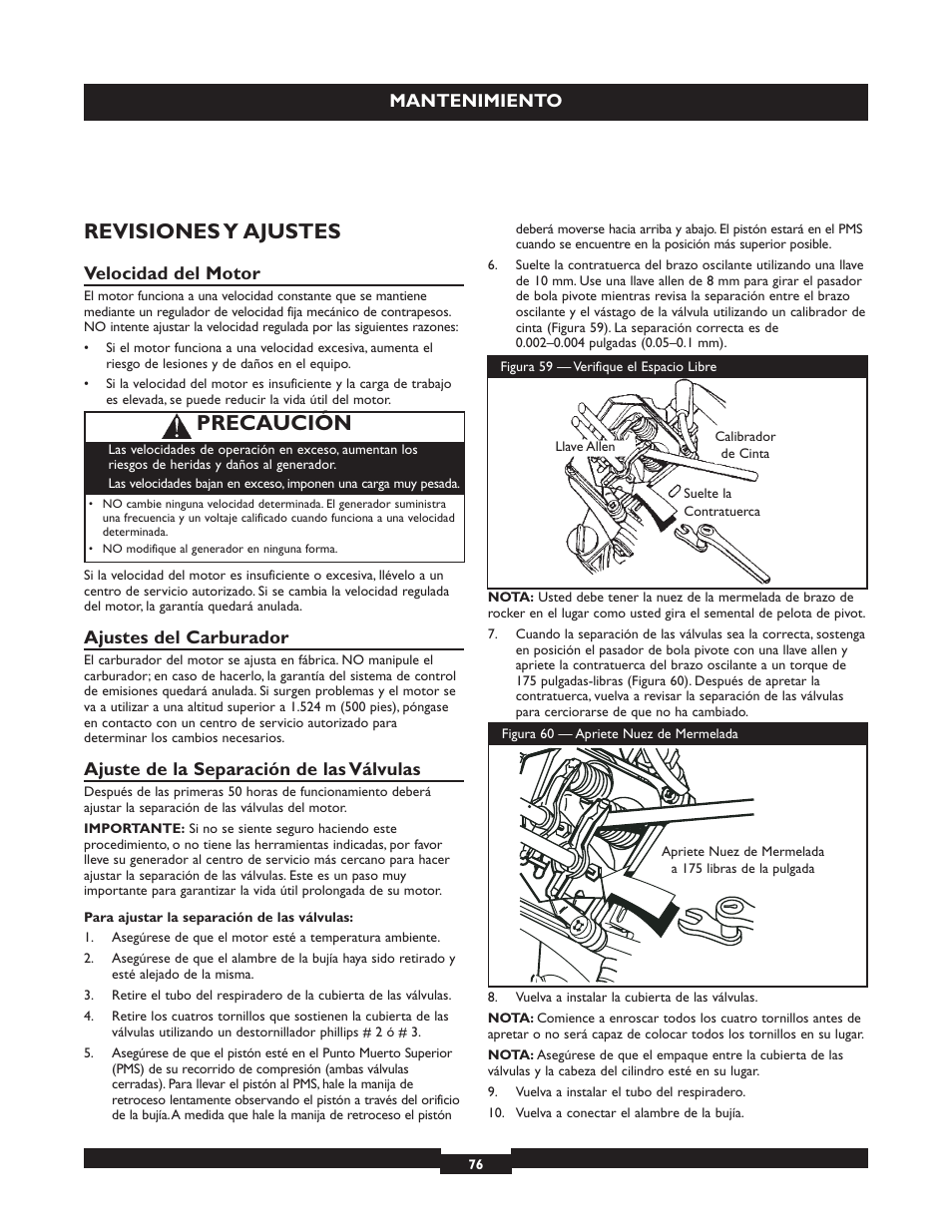 Revisiones y ajustes, Precaución, Mantenimiento | Velocidad del motor, Ajustes del carburador, Ajuste de la separación de las válvulas | Briggs & Stratton 030254 User Manual | Page 76 / 84