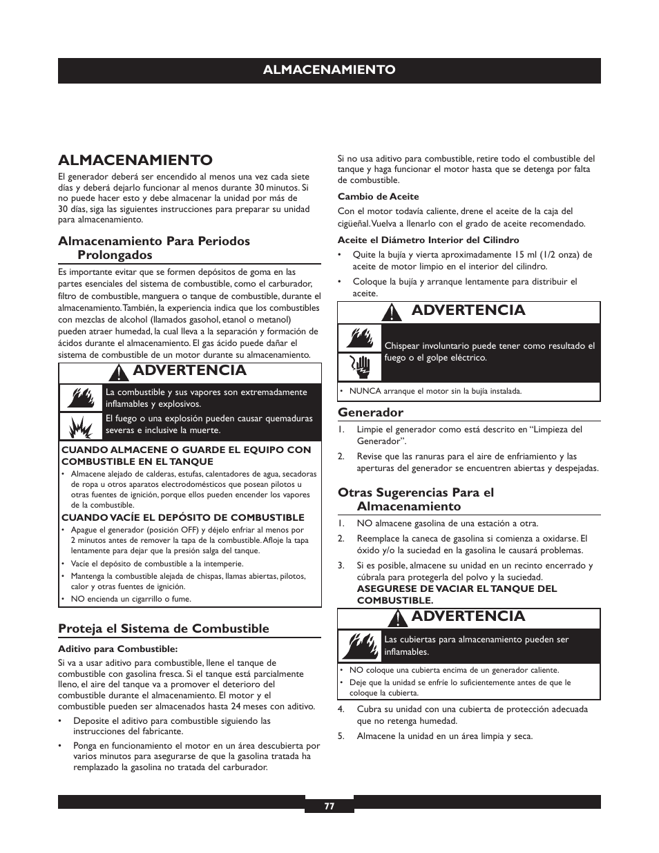 Almacenamiento, Advertencia, Almacenamiento para periodos prolongados | Proteja el sistema de combustible, Generador, Otras sugerencias para el almacenamiento | Briggs & Stratton 030254 User Manual | Page 77 / 84