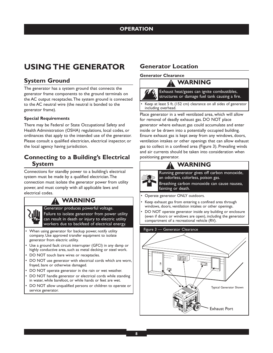 Using the generator, System ground, Connecting to a building’s electrical system | Generator location, Warning | Briggs & Stratton 030254 User Manual | Page 8 / 84