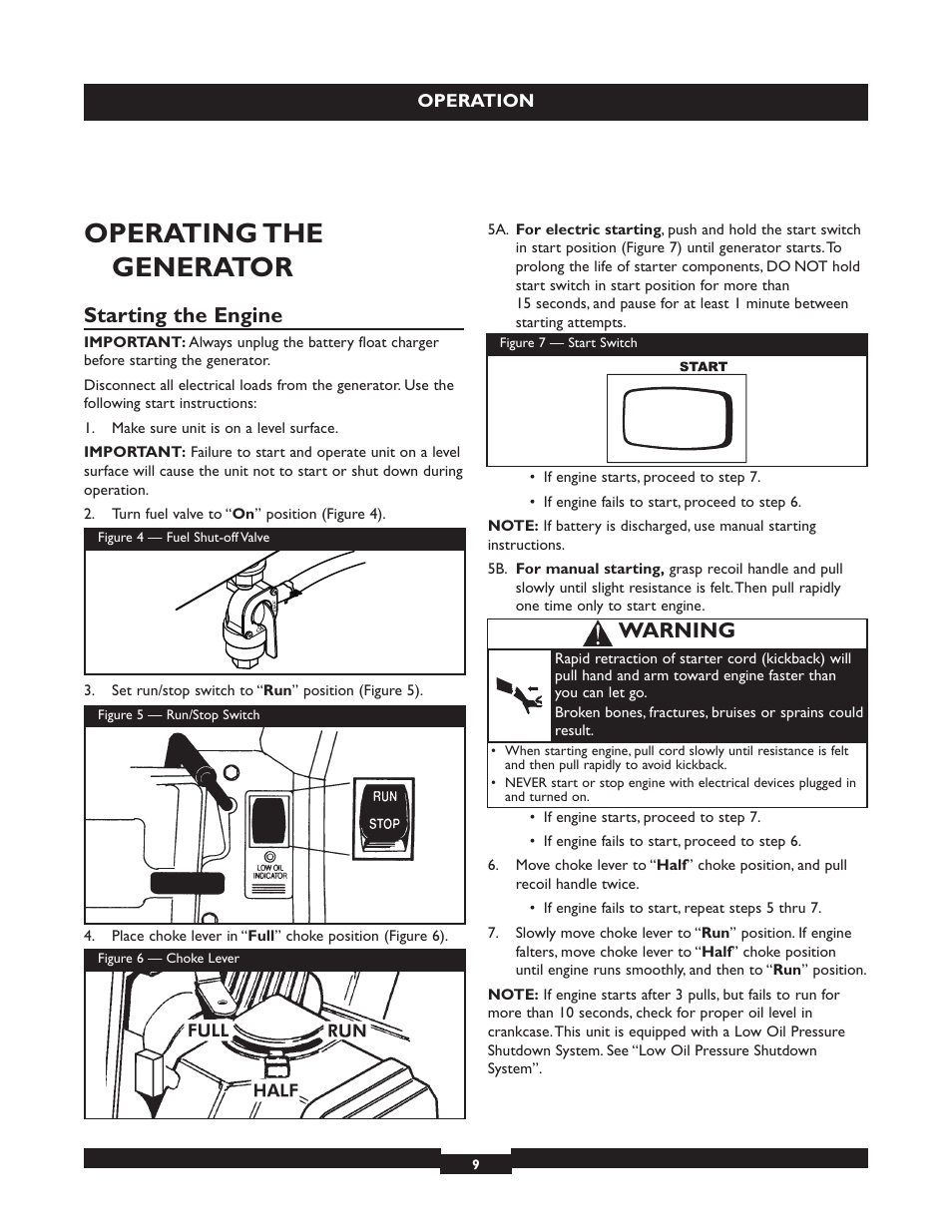 Operating the generator, Starting the engine, Warning | Briggs & Stratton 030254 User Manual | Page 9 / 84