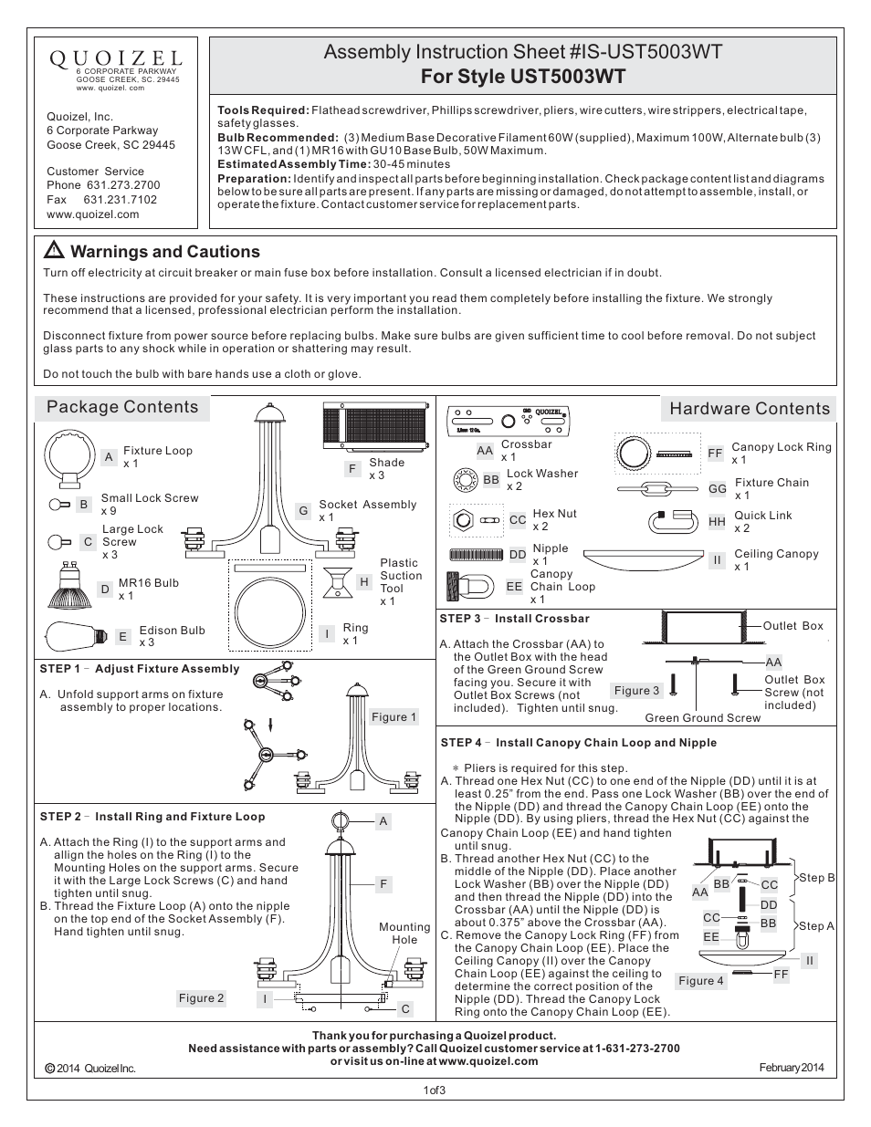 Quoizel UST5003WT Union Station User Manual | 3 pages