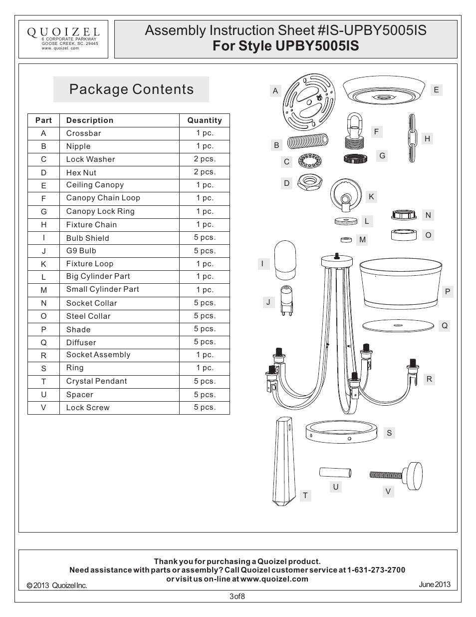 Package contents | Quoizel UPBY5005IS Uptown Bowery User Manual | Page 3 / 8