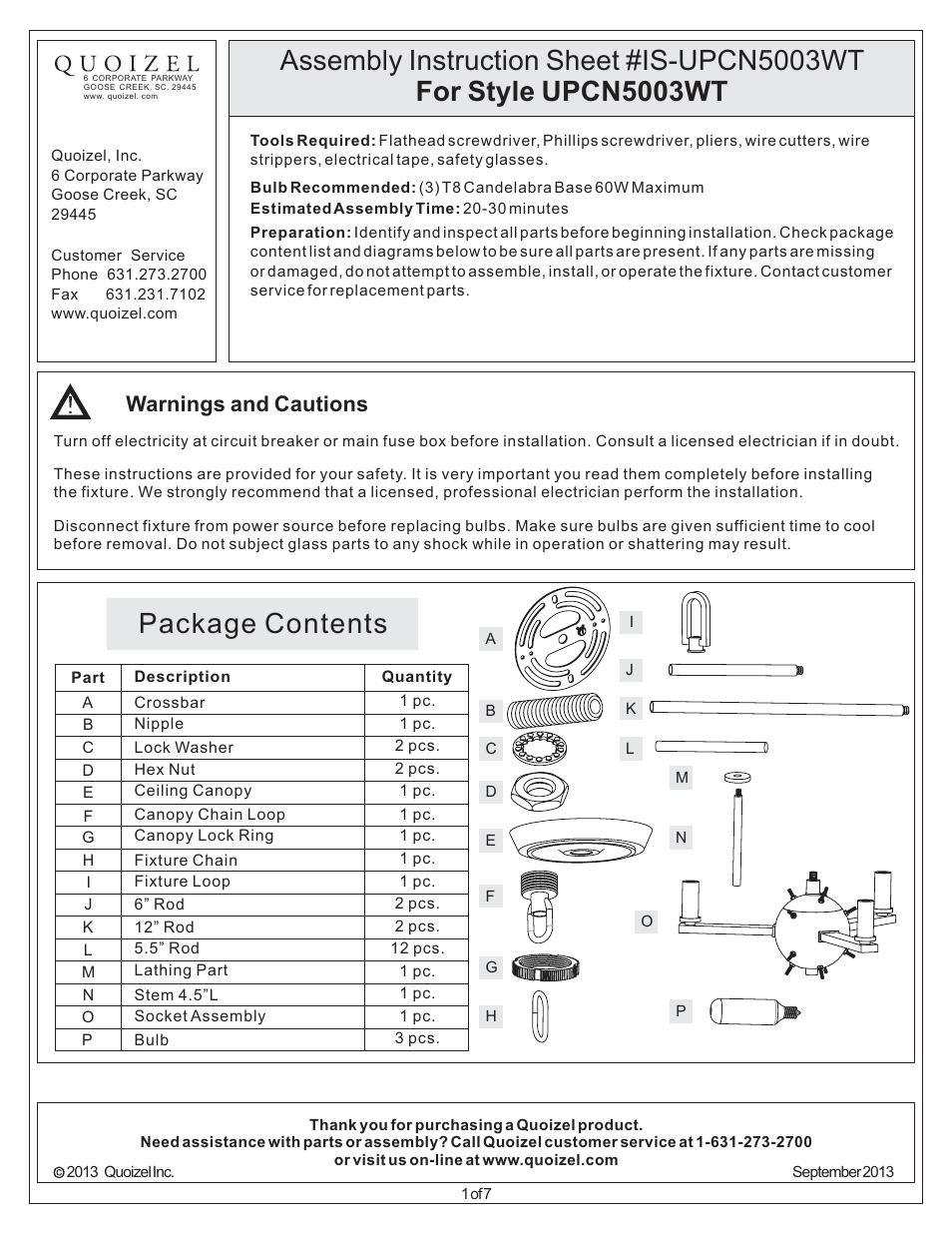 Quoizel UPCN5003WT Uptown Carnegie User Manual | 7 pages