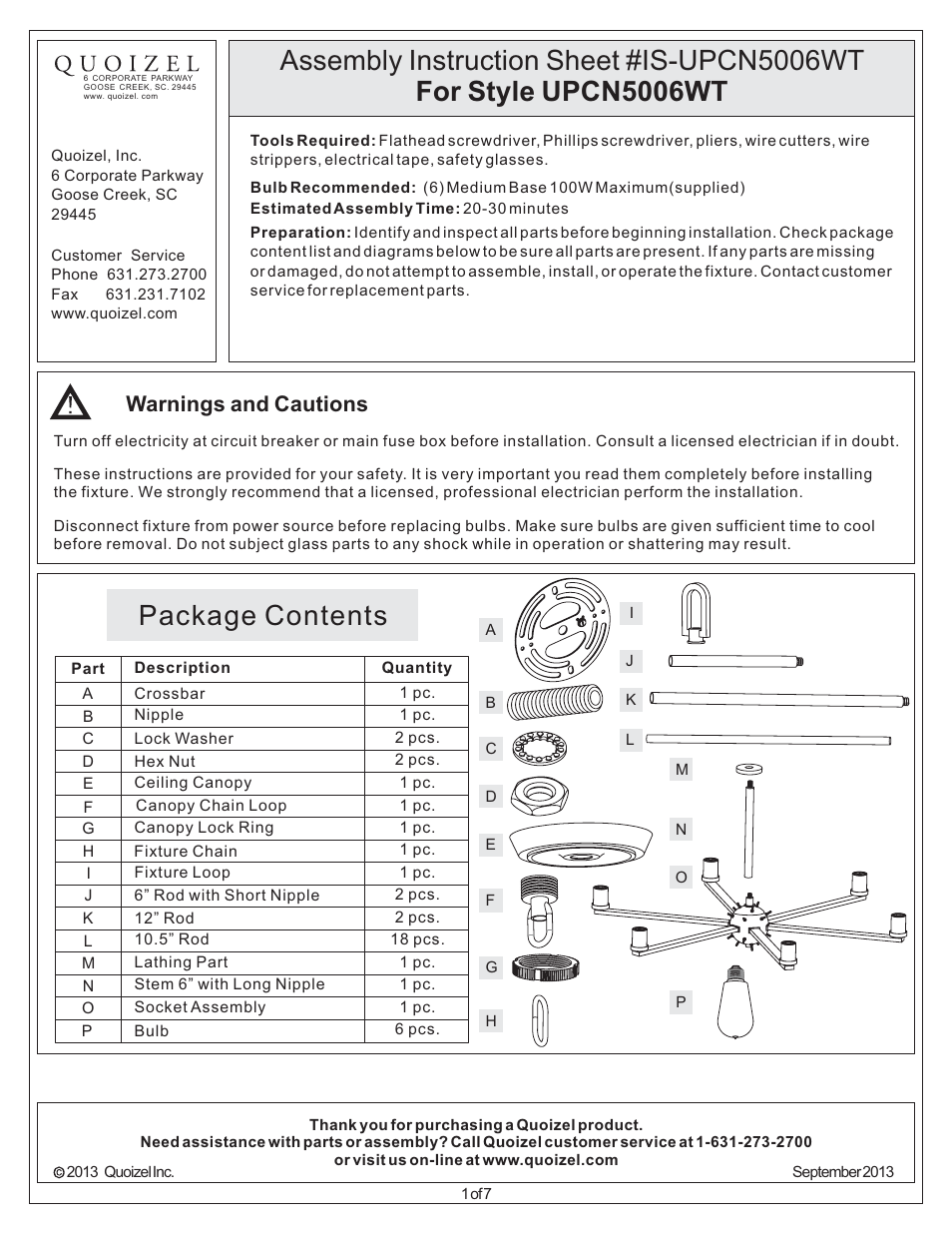 Quoizel UPCN5006WT Uptown Carnegie User Manual | 7 pages