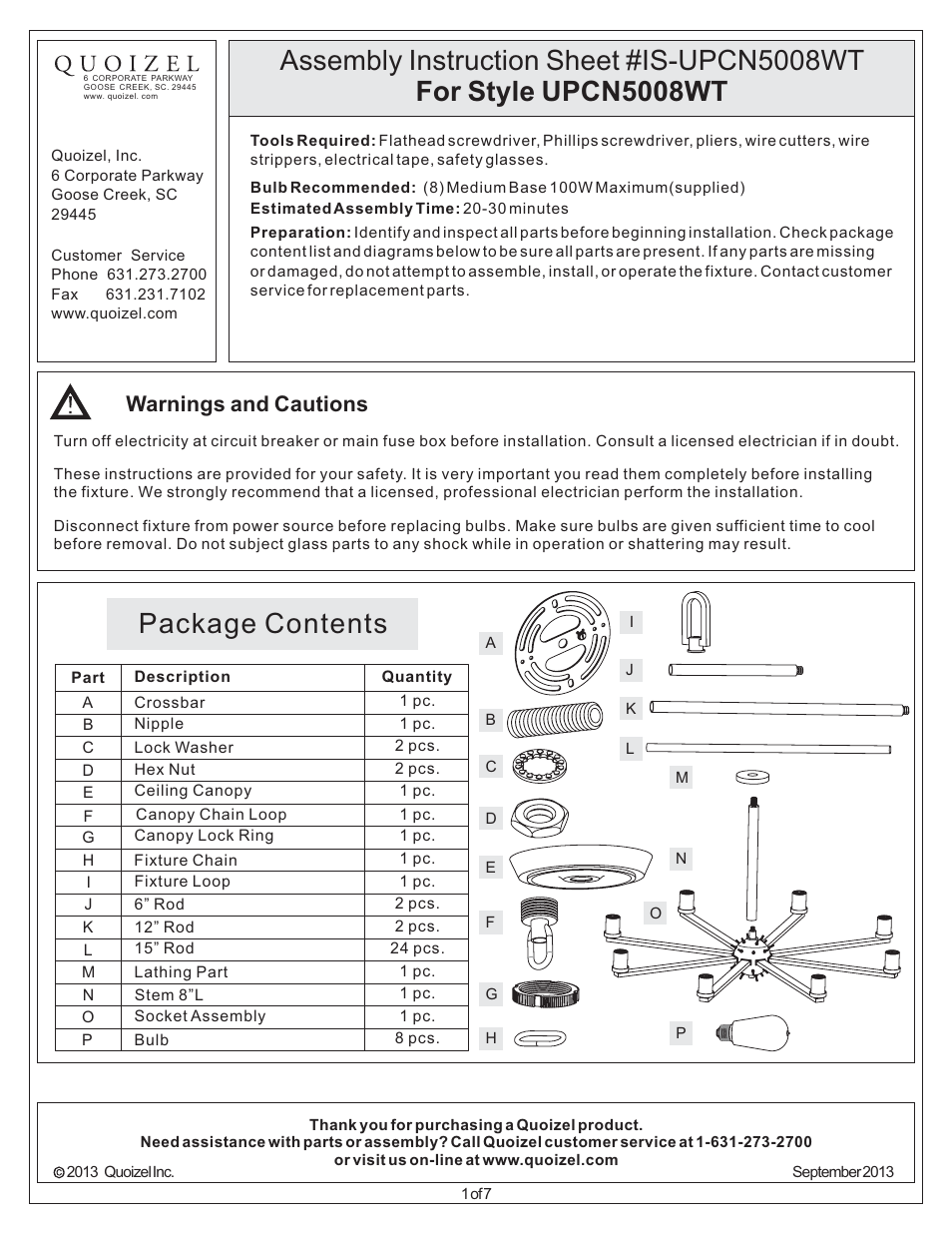 Quoizel UPCN5008WT Uptown Carnegie User Manual | 7 pages