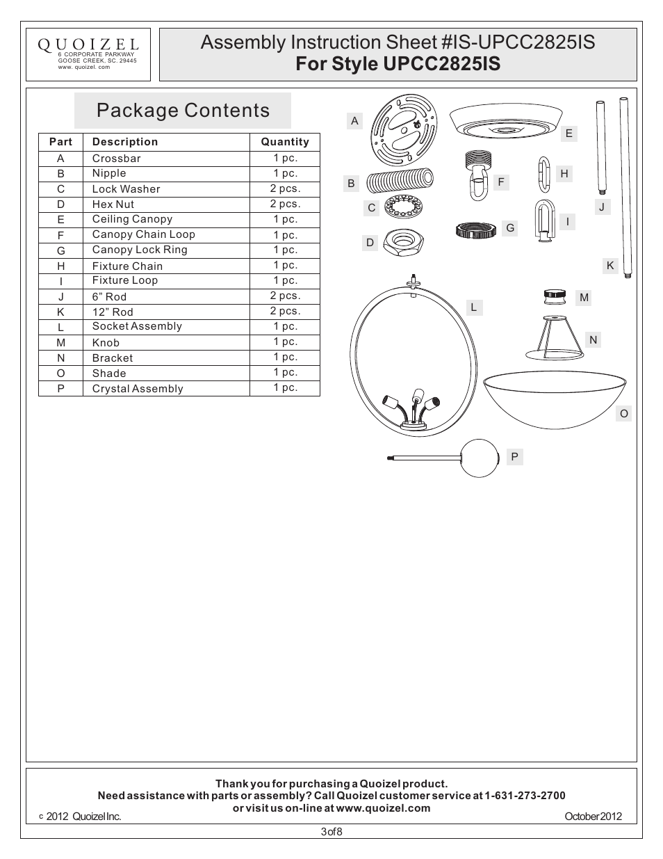 Package contents | Quoizel UPCC2825IS Uptown Columbus Circle User Manual | Page 3 / 8