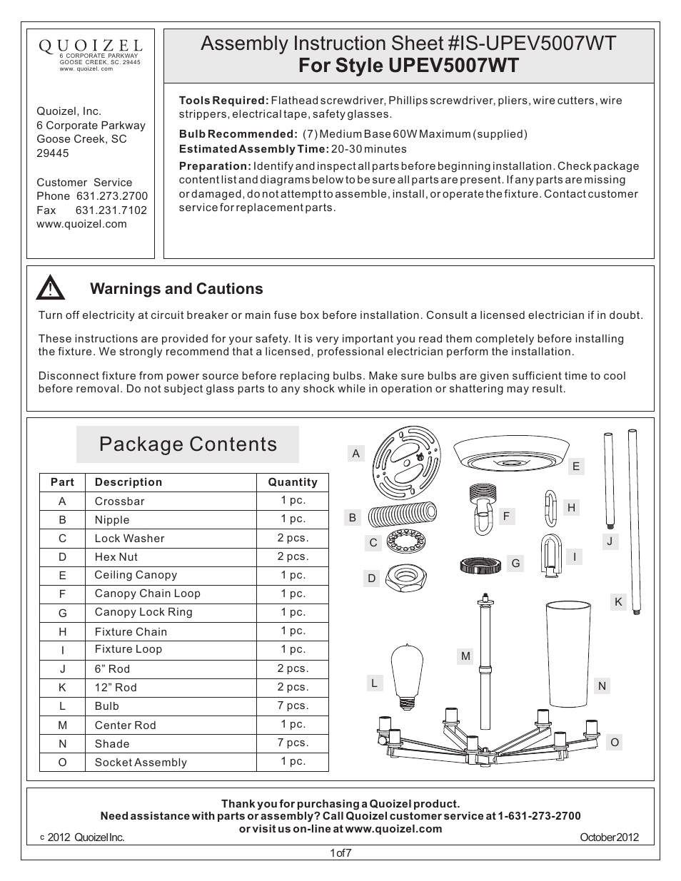 Quoizel UPEV5007WT Uptown East Village User Manual | 7 pages