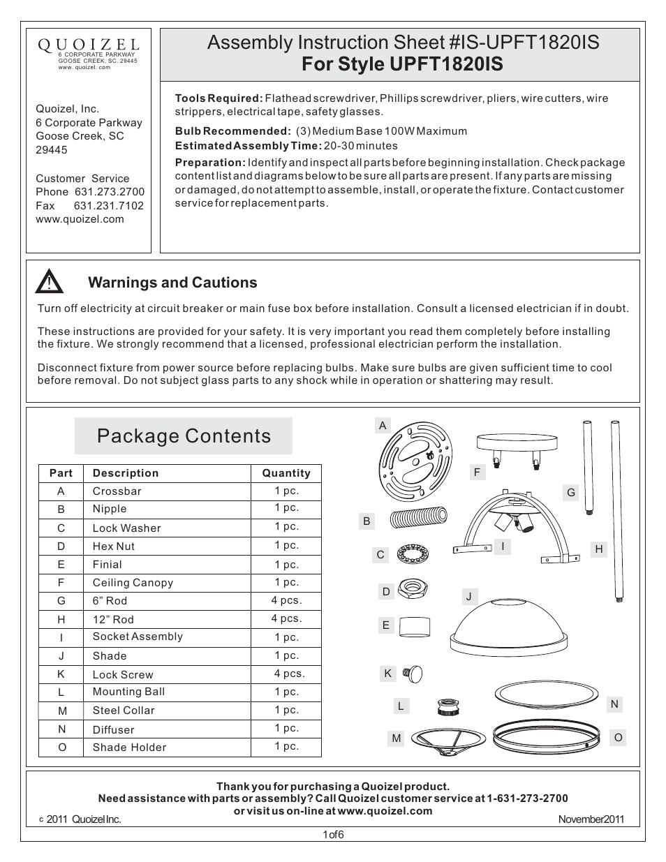 Quoizel UPFT1820IS Uptown Fulton User Manual | 6 pages