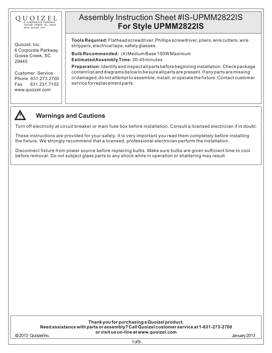 Quoizel UPMM2822IS Uptown Madison Manor User Manual | 9 pages