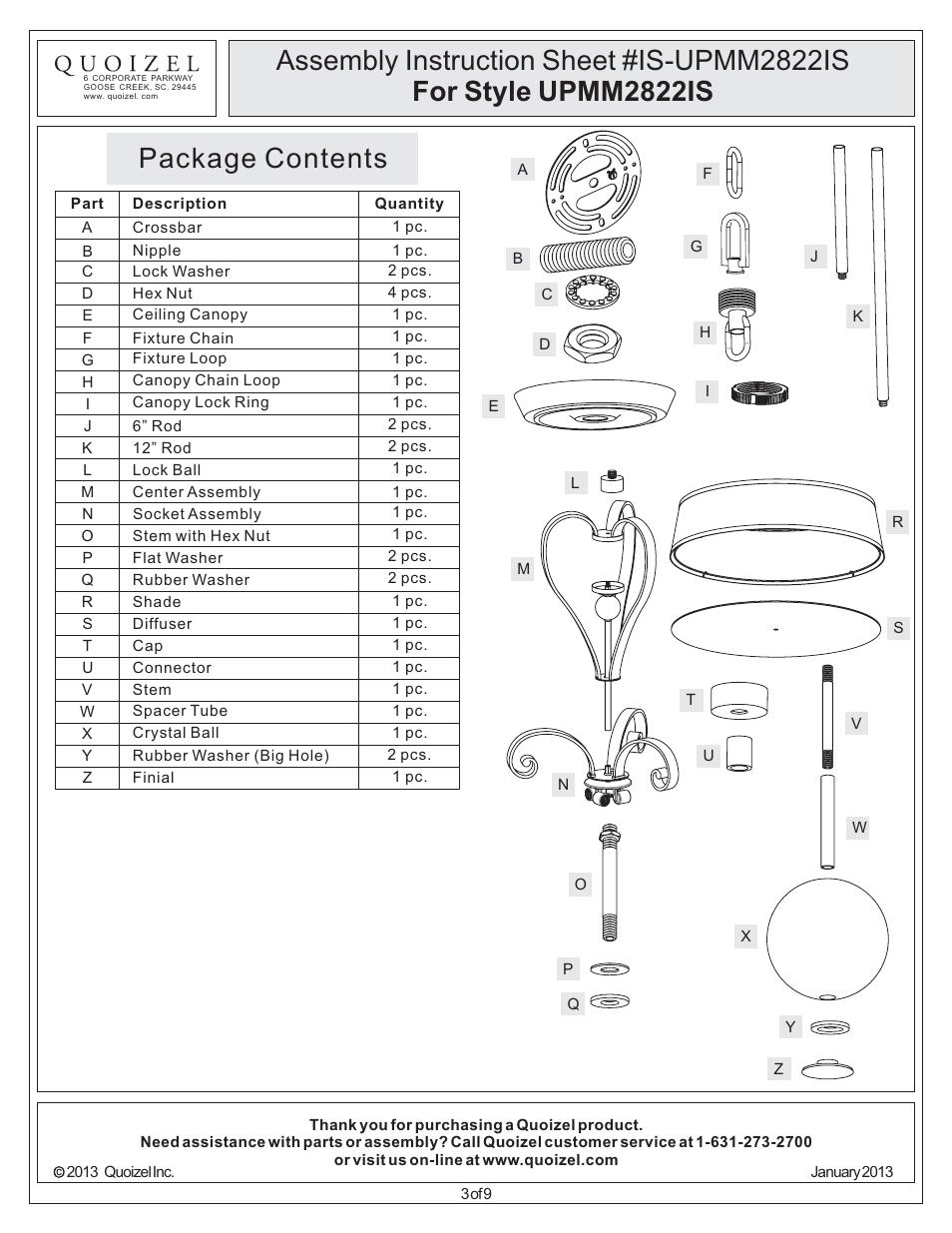 Package contents | Quoizel UPMM2822IS Uptown Madison Manor User Manual | Page 3 / 9