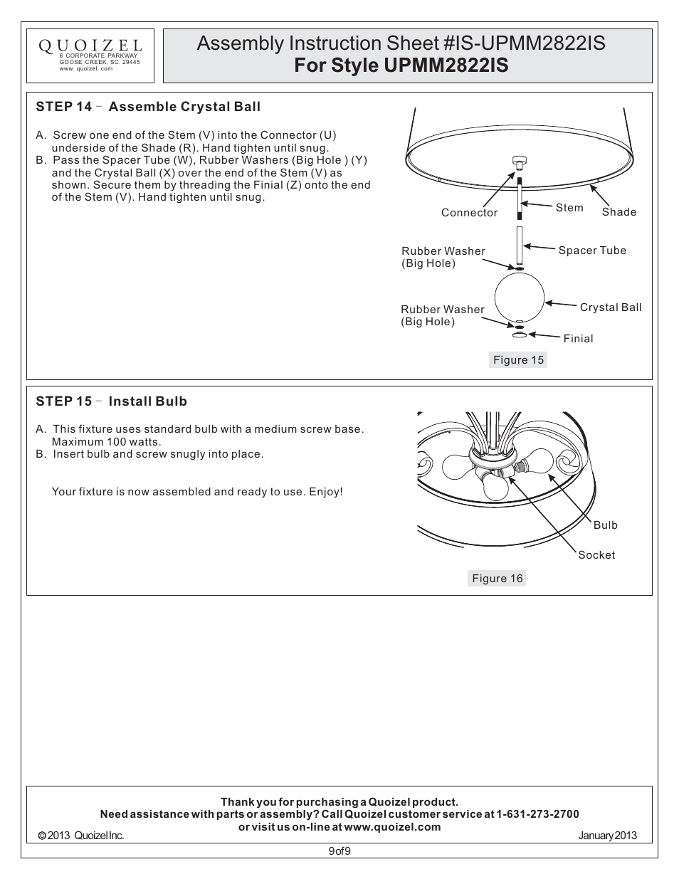 Quoizel UPMM2822IS Uptown Madison Manor User Manual | Page 9 / 9